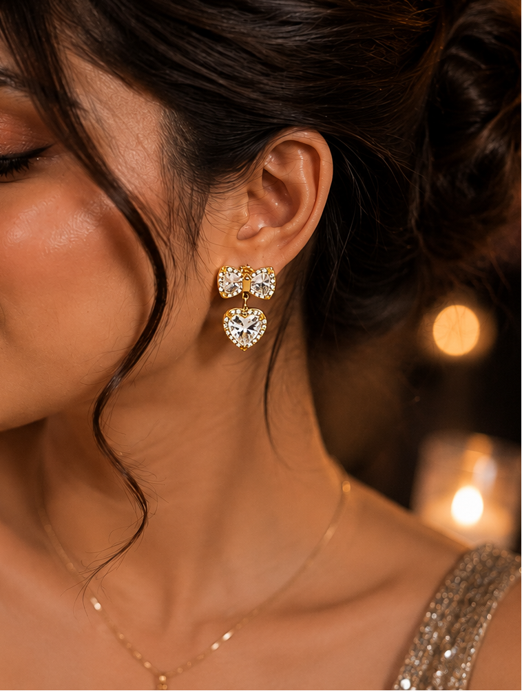 Bow and Heart Drop Earrings