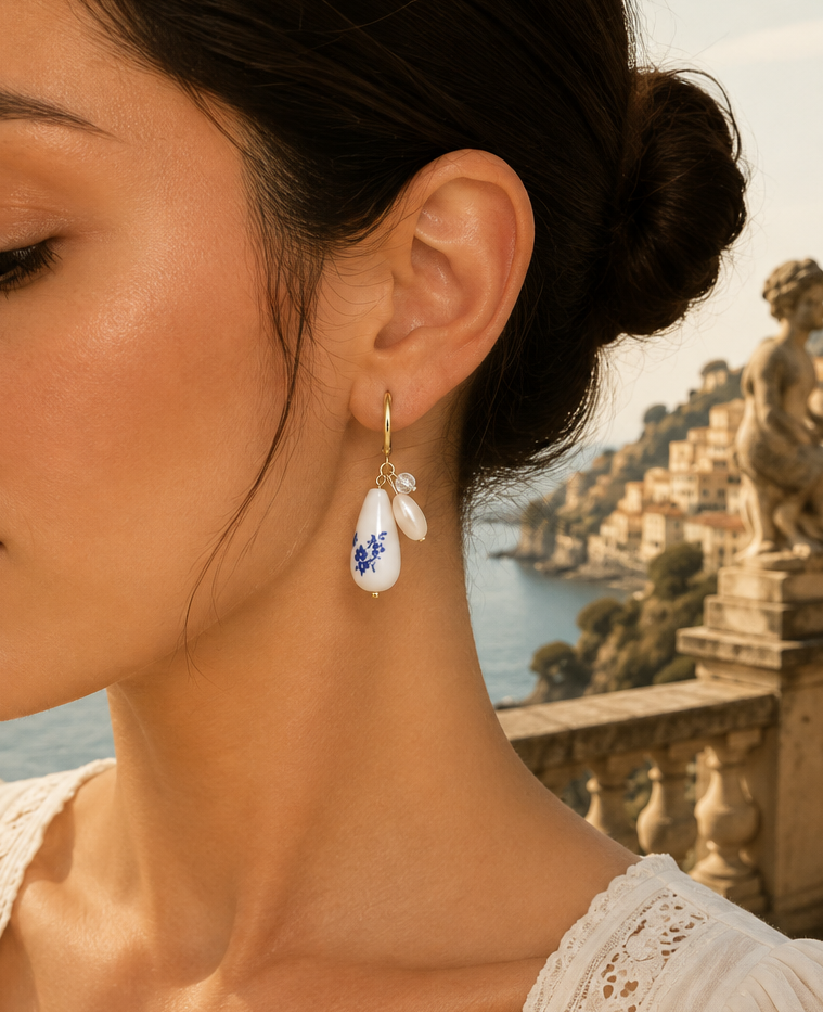 Blue Floral Pearl Drop Earrings