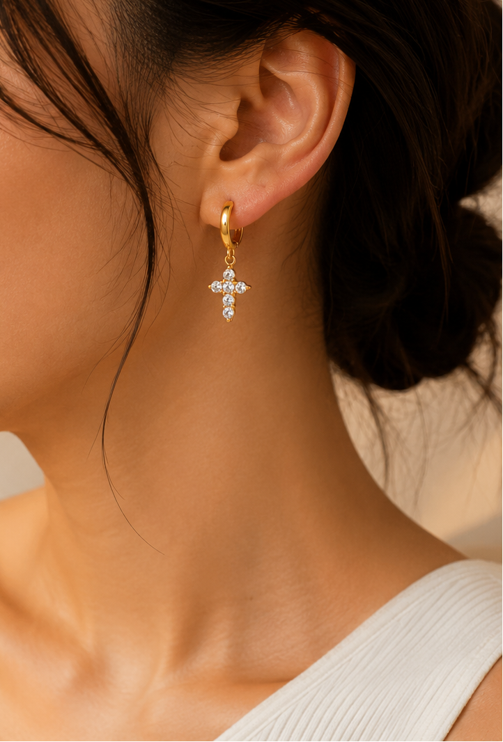 Pave Cross Drop Earrings